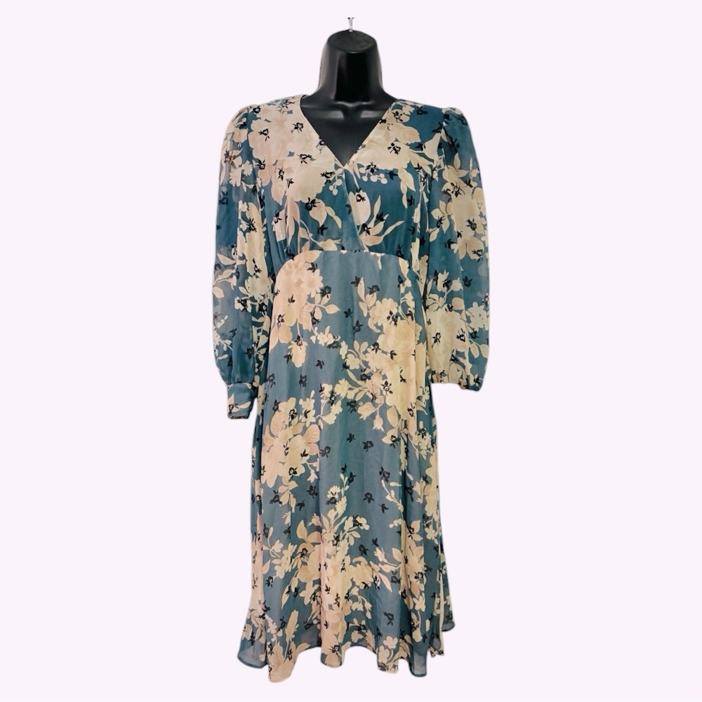 Zara Floral Print Dress NWOT Size Small Navy Blue & Beige Color